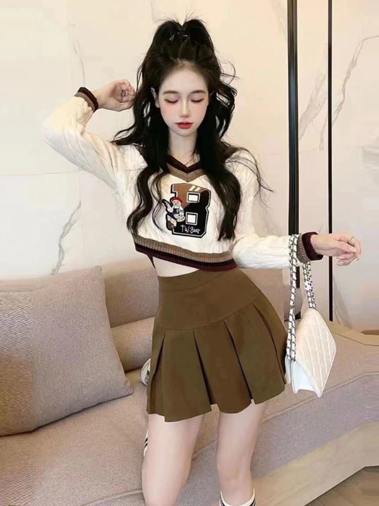 

Женский винтажный жаккардовый костюм, комплект из двух предметов, короткий топ с V-образным вырезом и длинным рукавом, плиссированная Лоску...