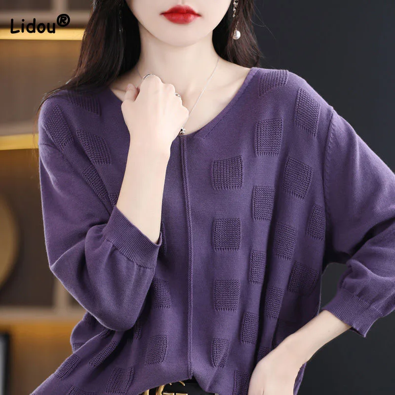 

Fashion All-match Lady Solid Color 3/4 Sleeve Knitted Pullovers Spring Autumn Thin Simplicity V-Neck Sweaters Women's Clothing