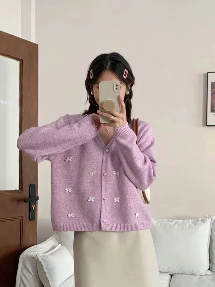 Женский Милый Кардиган Zoki С Бантом V-образным Вырезом Вязаный Свитер