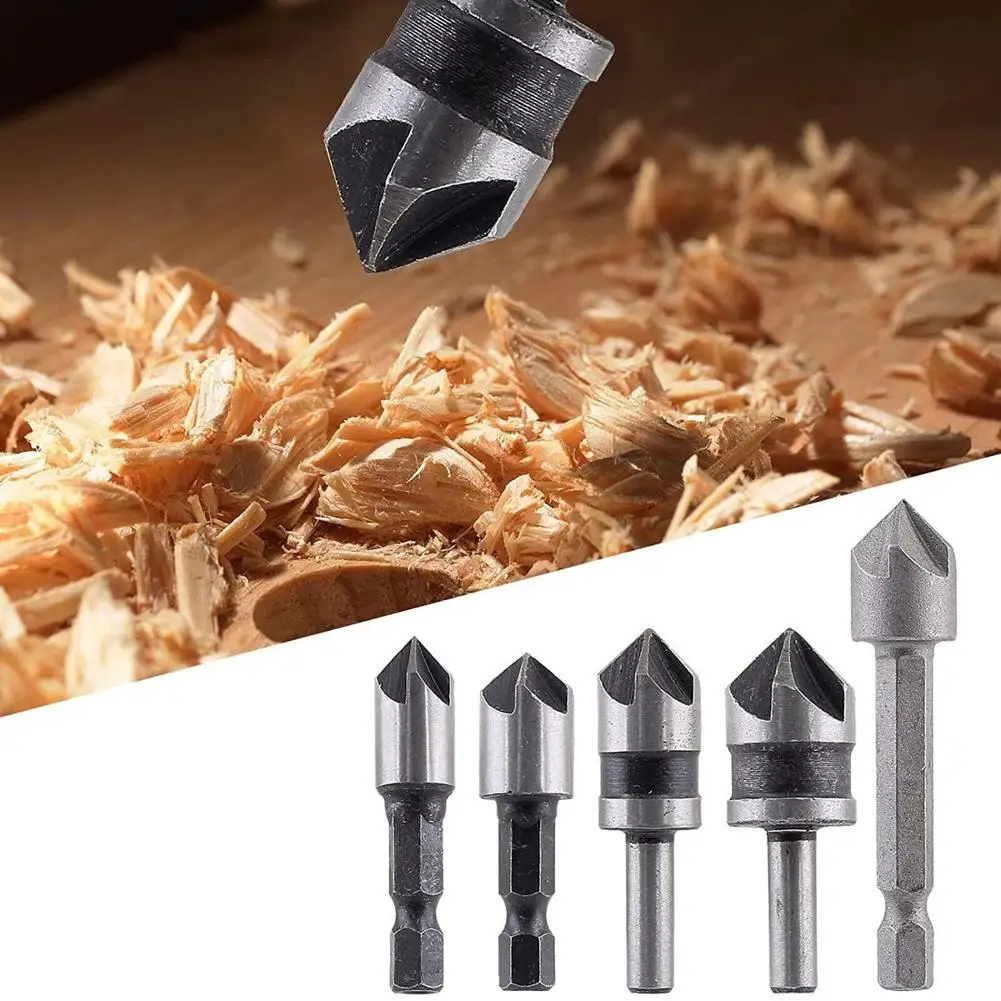 

NEW 5pcs Chamfer Countersink Deburring Drill Bit Set High Speed Steel Crosshole Cutting Metal Tool Kit