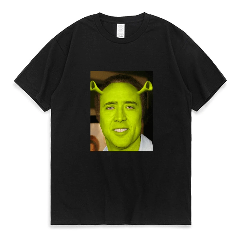 

Nicolas Cage Shrek T-Shirt Men Women Funny Meme Picolas Cage Awesome Cotton O-Neck Tee Shirt Streetwear Harajuku Camisa T Shirt