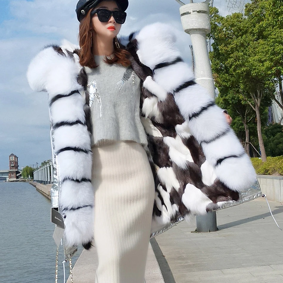 Mao mao kong Winter Women's Fur Jacket Long Outdoor Tops Real Fox Fur Lining Parka ED44  Women's coat