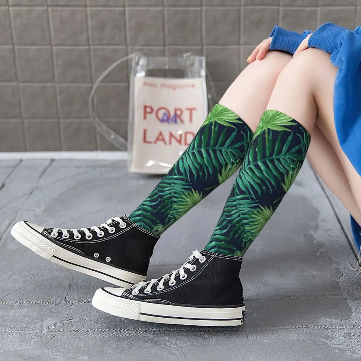 

Tropical Leaf Jungle Socks Palm Leaves Print Teen Cute Mid Stockings Large Chemical Fiber Breathable Gym Socks