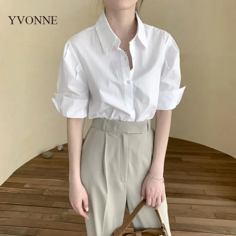 

Korea Summer Chic Women Shirt Blouses Short Sleeve Lapel Button Retro Office Lady Design Solid Shirts Tops Blouse Blue White
