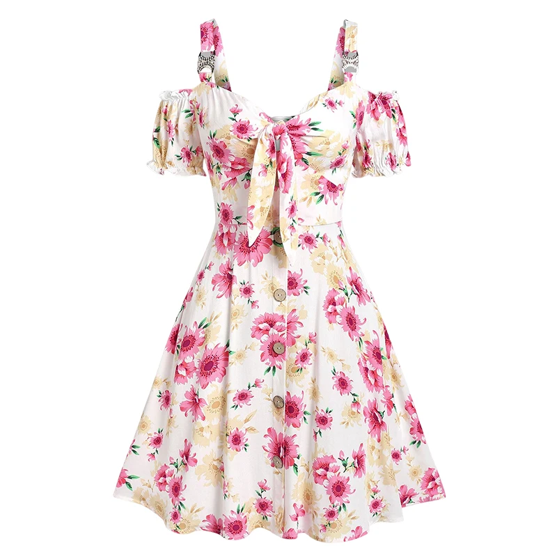 

Flower Print Bowknot Dress Mock Button Floral Print A Line Strap Vacation Dresses Fashion Daily Beach Party Robe