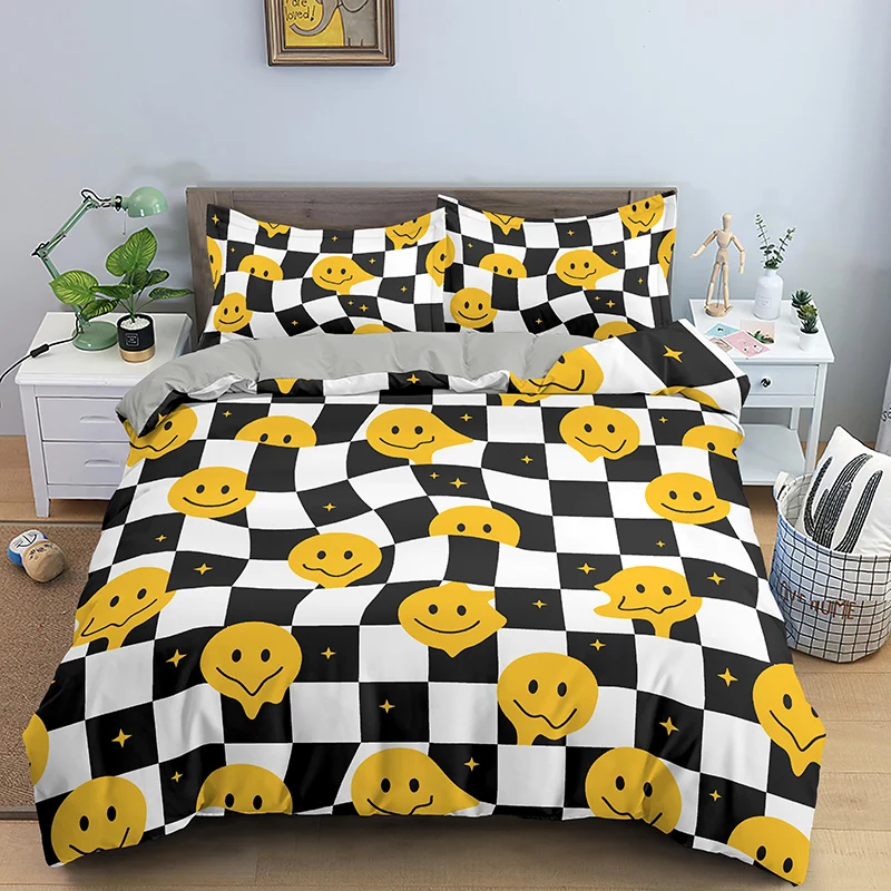 

Черное постельное белье для спальни, роскошный клетчатый комплект с пододеяльником со смайликом, домашний текстиль, чехол из искусственной...