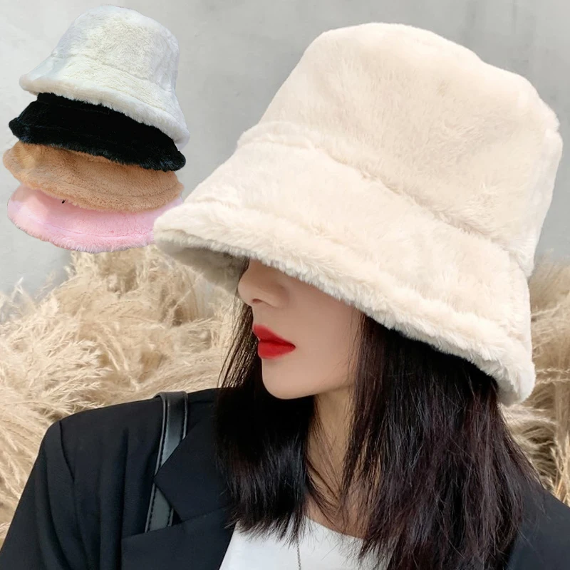 

Thick Plush Berets Faux Rabbit Fur Fisherman Hat Women Autumn Winter Warm Thickened Bucket Hats Panama Plush Basin Cap Beanies