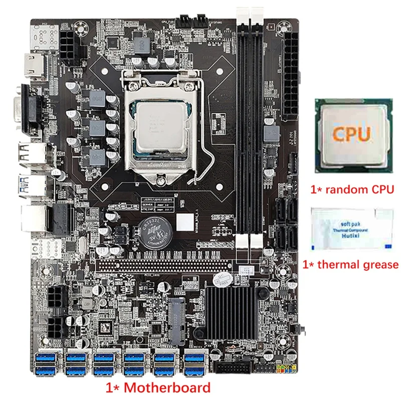 B75 12 Card BTC Mining Motherboard With CPU+Thermal Grease 12 USB3.0 To PCIE Graphics Card Slot LGA1155 DDR3 RAM SATA3.0