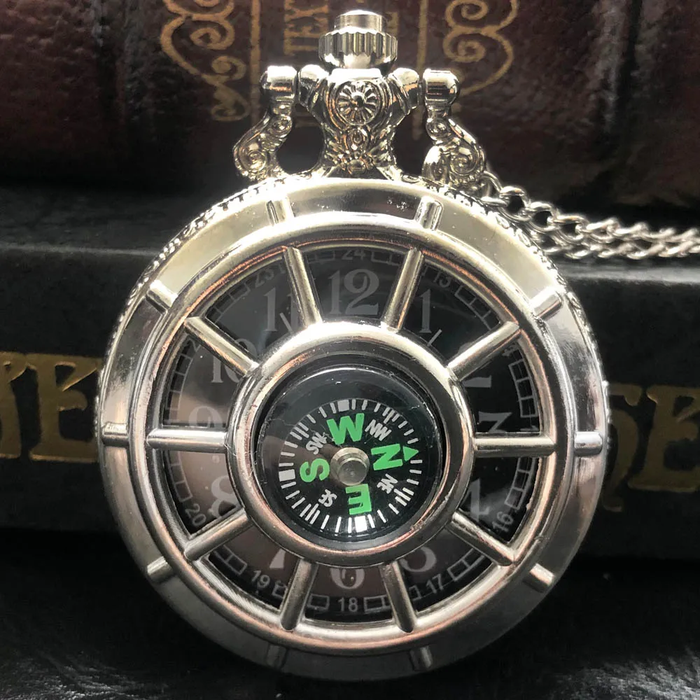 

Silver Starry Dial Compass Design Hollow Skeleton Steampunk Quartz Pocket Watch Necklace Chain Pendant Clock Gifts for Men