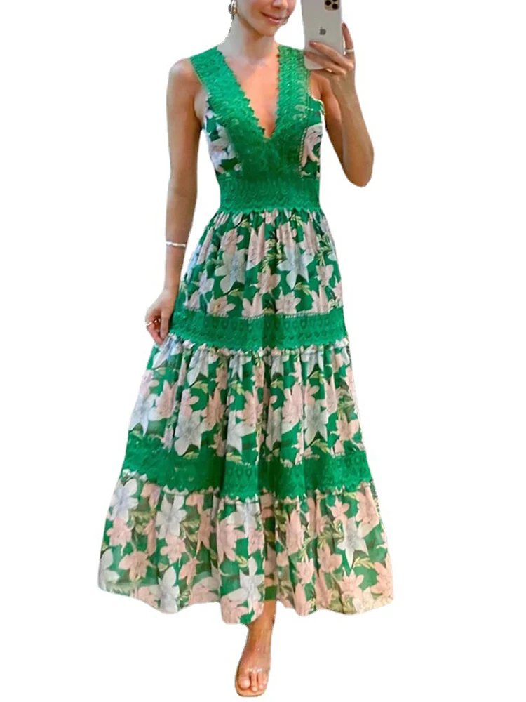 

Sexy Wave V-neck Bohemian Long Dress Women Elegant Flower Print Pleated Beach Dress Sumemr Casual Sleeveless Waist Party Dresses
