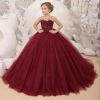 2022 red a line flower girl dresses tulle illusion appliques feathers kids ball gown first communion dress vestidos de novia