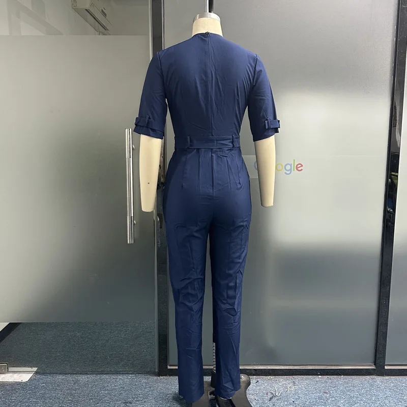 LIYONG Women Jumpsuit Fashion Solid Color V Neck Short Sleeve Nipped Waist Casual With Pockets Rompers High Streetwear With Belt