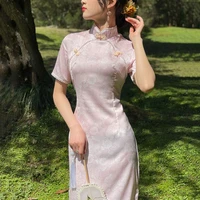 cheongsam dress womens long slim fit chi pao 2022 summer fashion satin face prints splicing chinese style qipao dresses woman