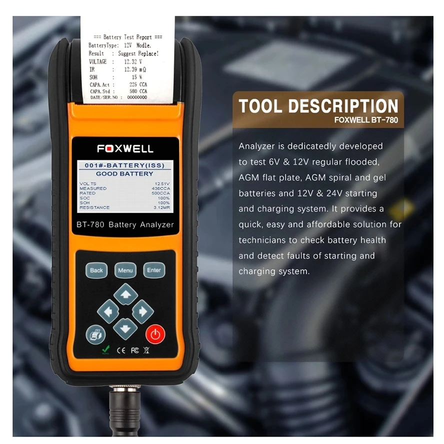 

Анализатор автомобильного аккумулятора Foxwell BT780, 12 В, 24 В