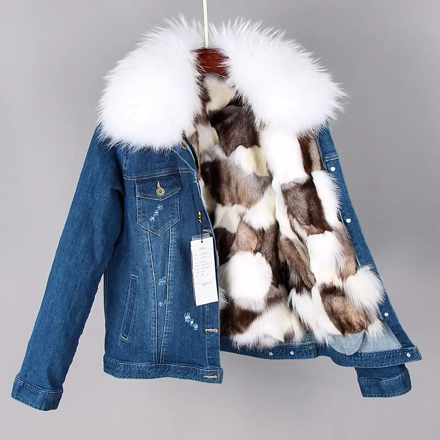 

2023 MAOMAOKONG Parka Coat Women Natural Raccoon Fur Collar Jacket Real Fox Fur Liner Short Denim Jacket Fashion Bomber Winter