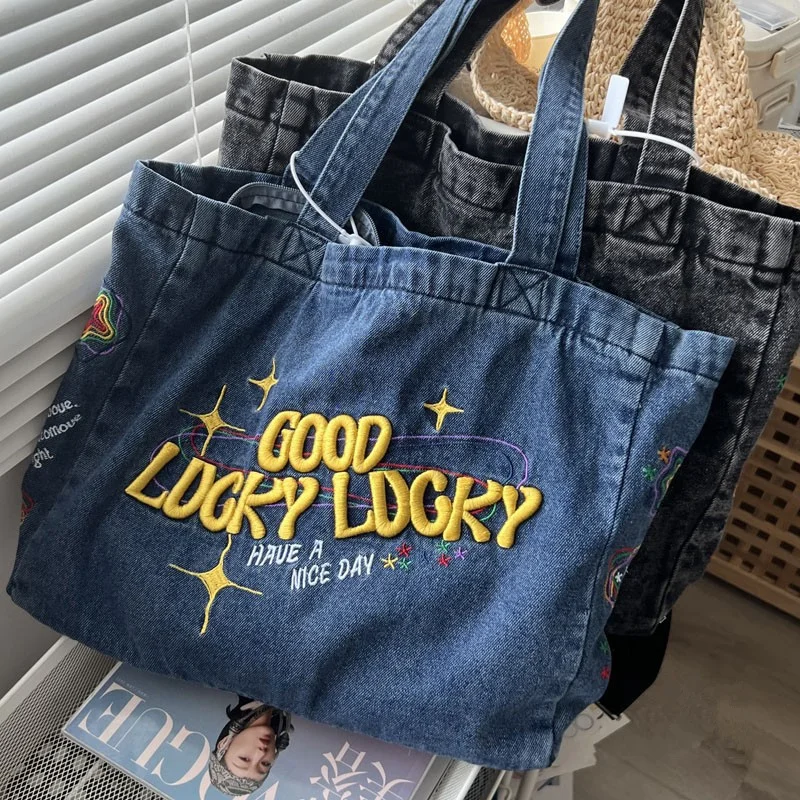 

Сумка-тоут женская джинсовая с вышивкой, повседневная крутая мягкая вместительная сумочка-тоут из денима в стиле ретро, шоппер в винтажном стиле для студентов