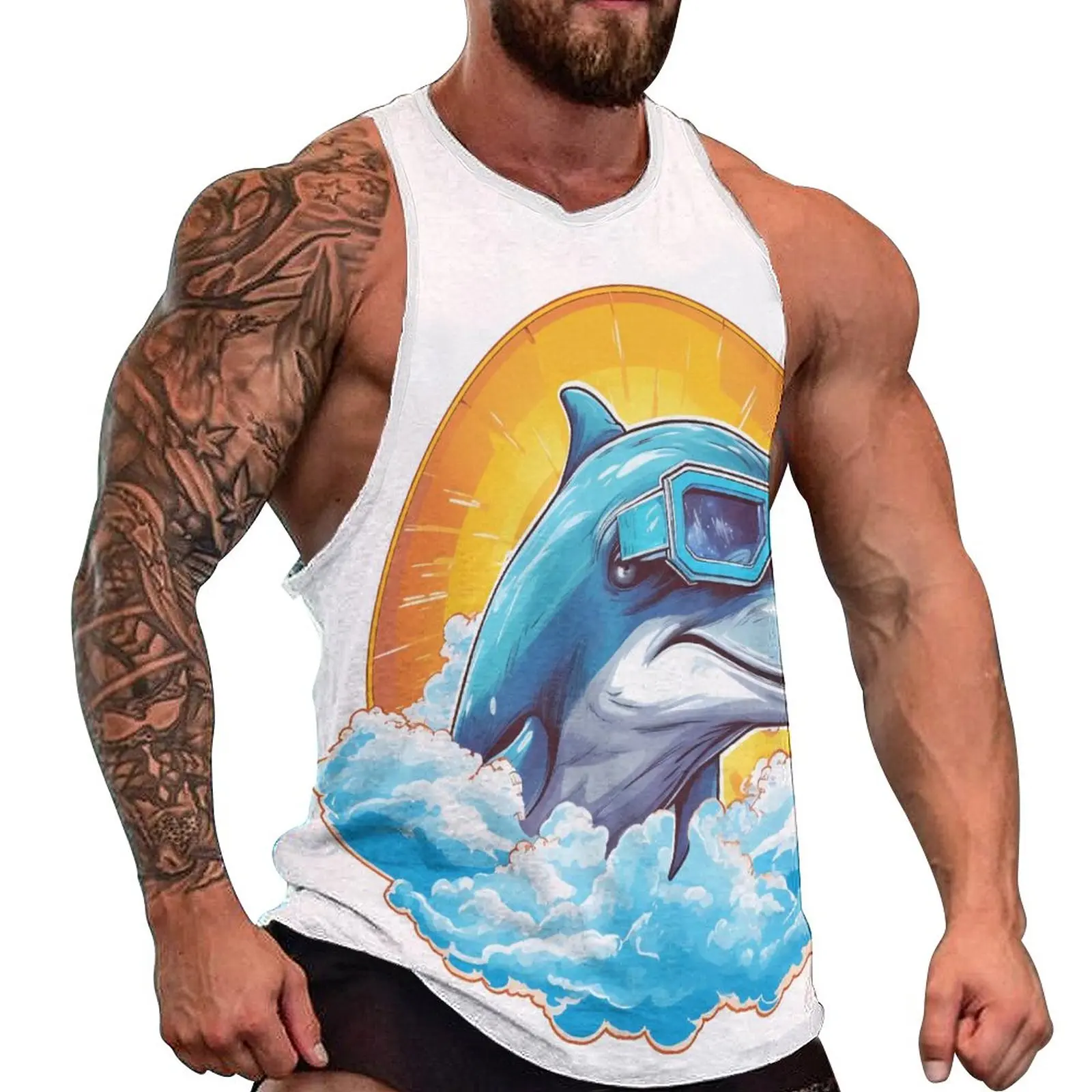 

Dolphin Tank Top Vector Graphic Cute Muscle Tops Summer Bodybuilding Man's Printed Sleeveless Vests Big Size 4XL 5XL