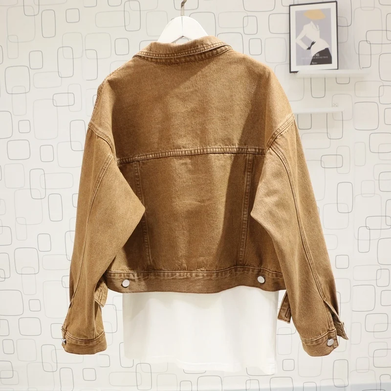 Весенняя винтажная стираная коричневая короткая джинсовая куртка женская