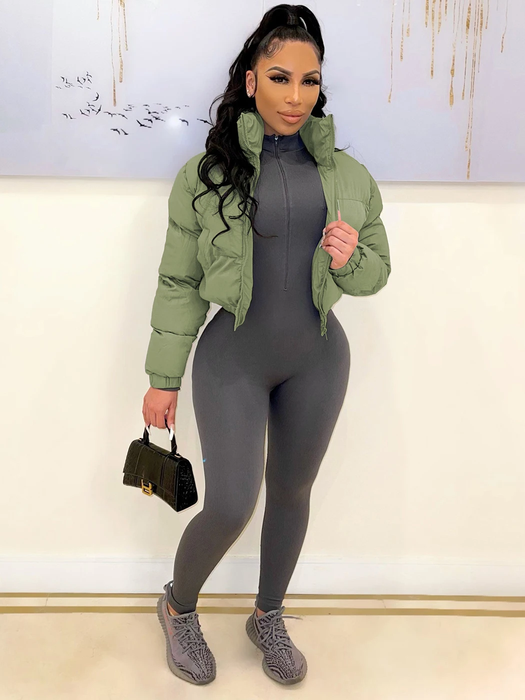 

2022 Winter Solid Down Jacket Women Elegant Black Zipper Thick Warm Short Parkas Coats Outwear Female Cotton Crop Top Jackets