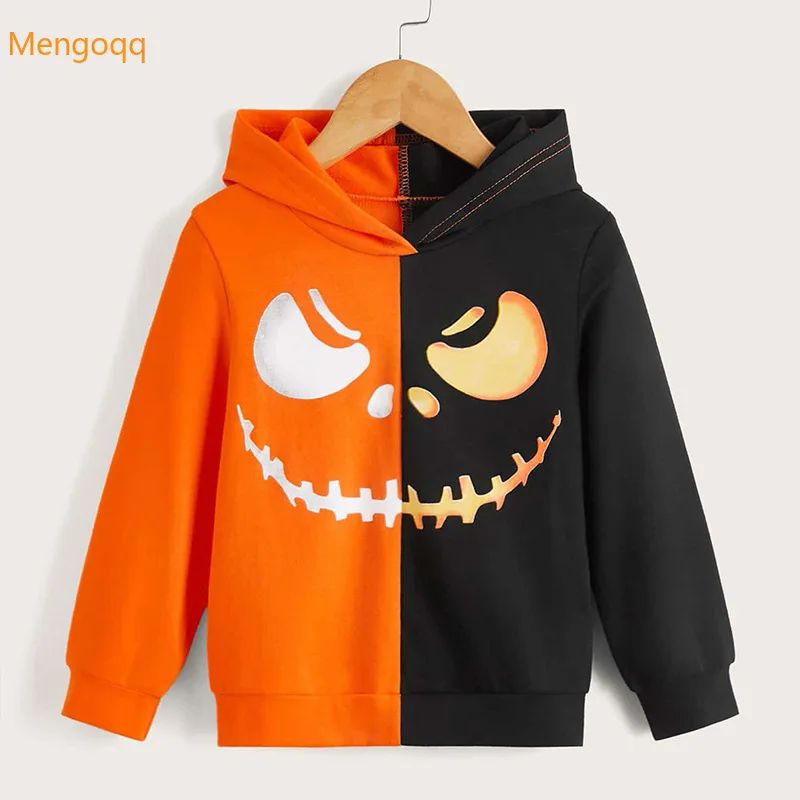

Children Girls Autumn Spring Full Sleeve Patchwork Skull Smiley Hooded Top Hoodies Kids Baby Halloween Outwear Clothing 2-8Y