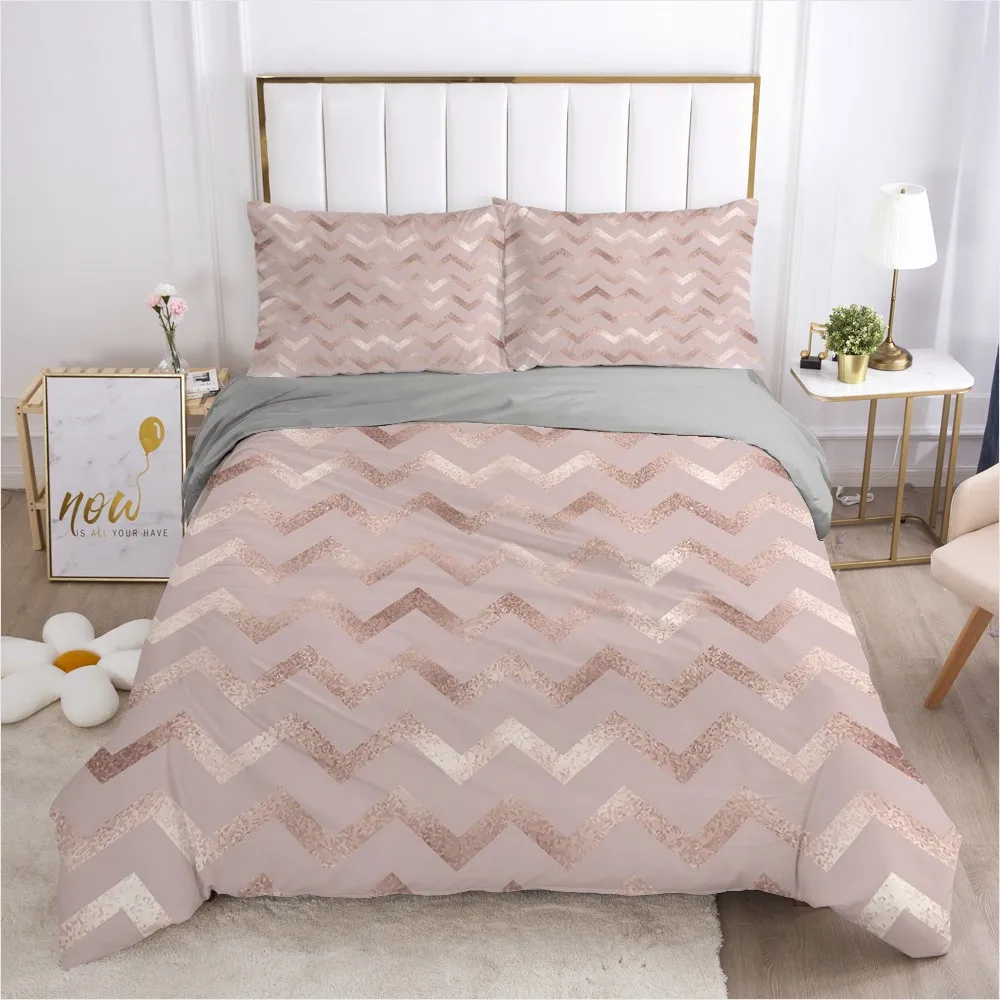 

3D Digital Pink Waves Comforter Bedding Sets Gold Simple Duvet Cover Twin Queen King Single 135x200cm Bed Linen Home Textile