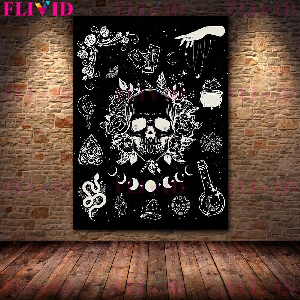 Ведьма шляпа и Луна символов черно-белая настенная Картина на холсте серая