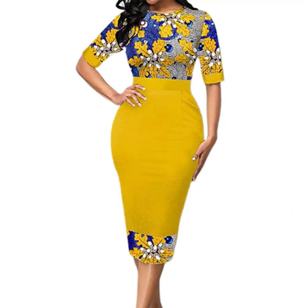 

Mid-calf Length Slim Women Leaf Printing Tight Hip Dress Female Skinny Dress Split for Outdoor