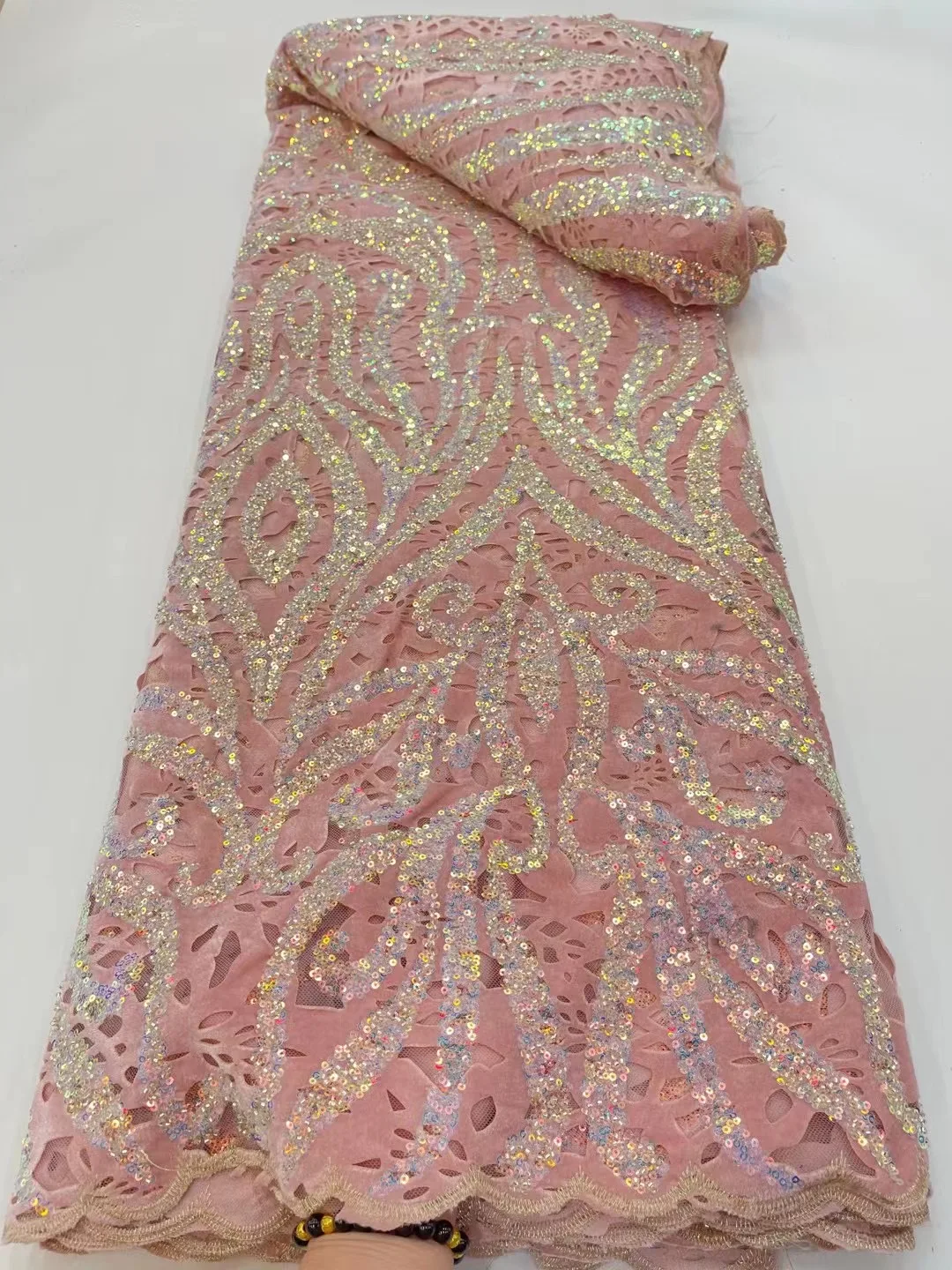 Африканская кружевная ткань с блестками 2023, Высококачественная нигерийская сетчатая вышивка, розовый бархат, французский тюль, кружевная ткань для невесты JJ302