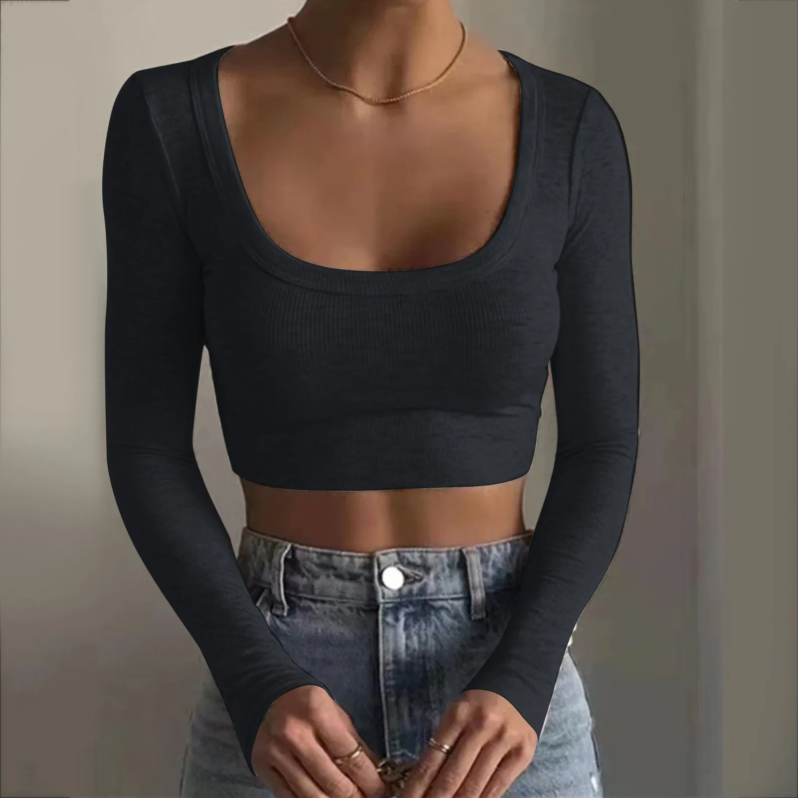 

Square Collar Crop Tops Women T-Shirts Solid Color Skinny Long-Sleeve T Shirt Basic Causal Daily Camiseta Ropa Y2k Clothing
