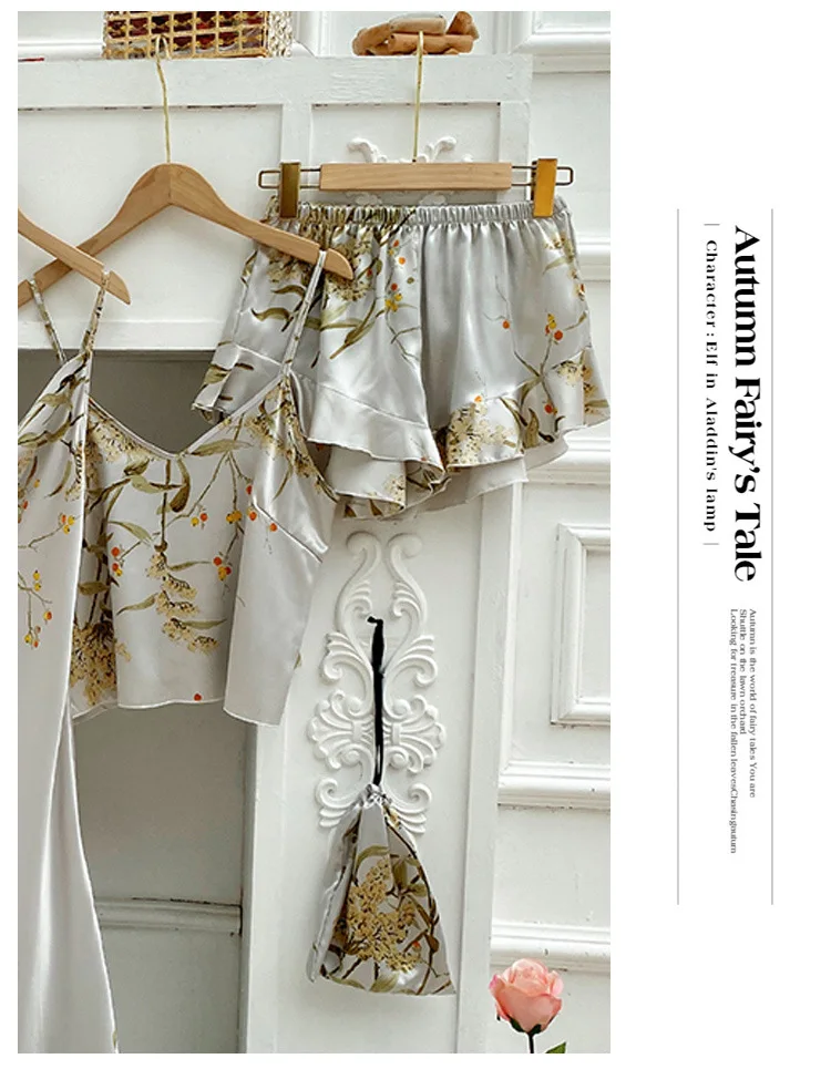 Cherry Floral Printed Five-piece Set Woman Home Clothe Pajamas for Women Robe + Top + Dress + Shorts + Bag Sleepwear Women Sets