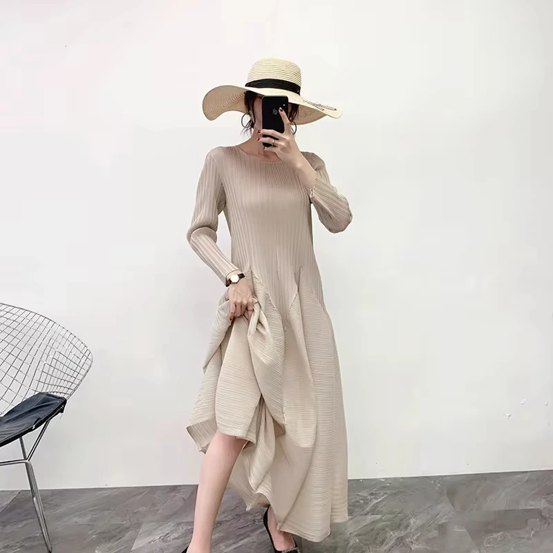 Женское плиссированное платье-макси ANLAN с круглым вырезом и длинными рукавами