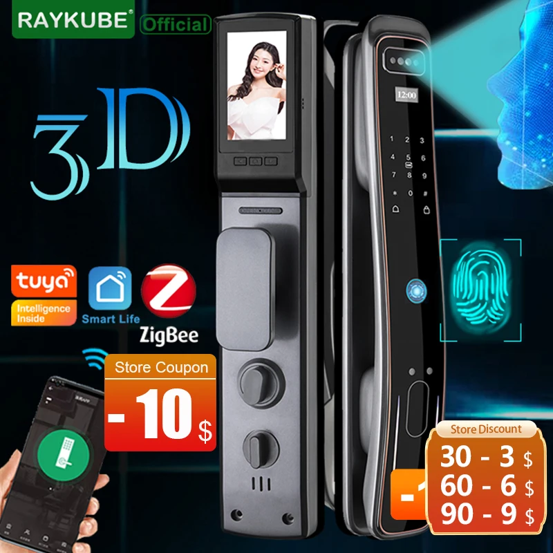 RAYKUBE DF8 3D Face Recognition Tuya ZigBee Biometric Smart Door Lock Security Face&Camera Fingerprint Lock With IC Card Spyhole