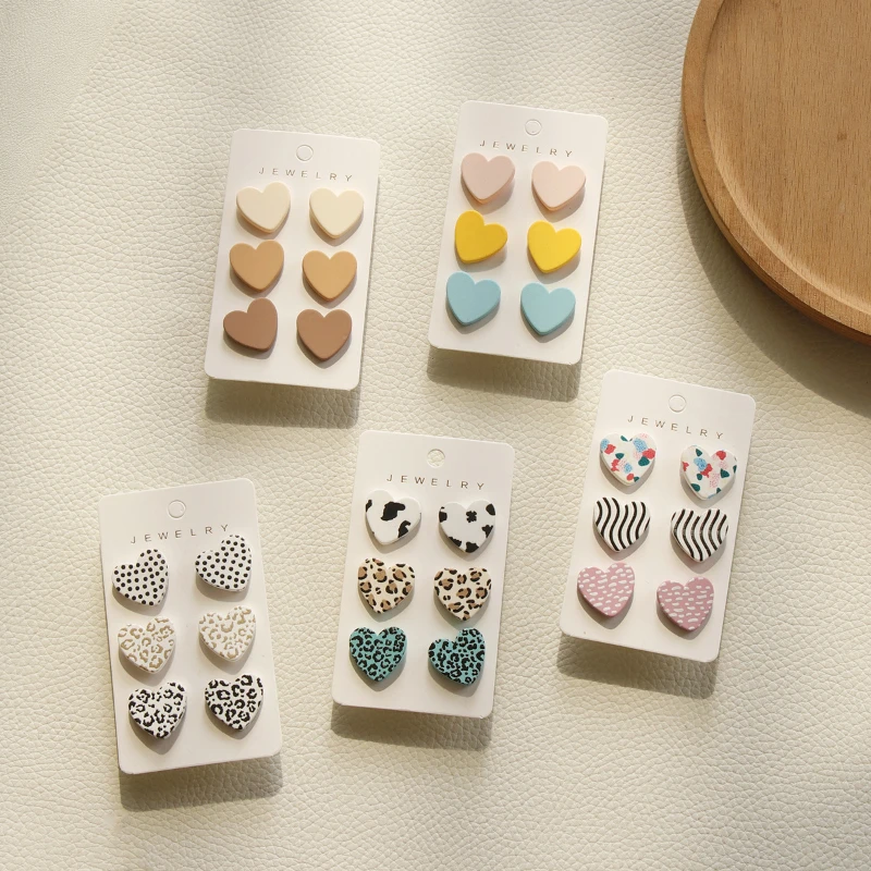 

3Pairs/set Heart Acrylic Stud Earrings for Women Macaron Colorful Dots Leopard Stripe Earrings Korea Jewelry Accessories