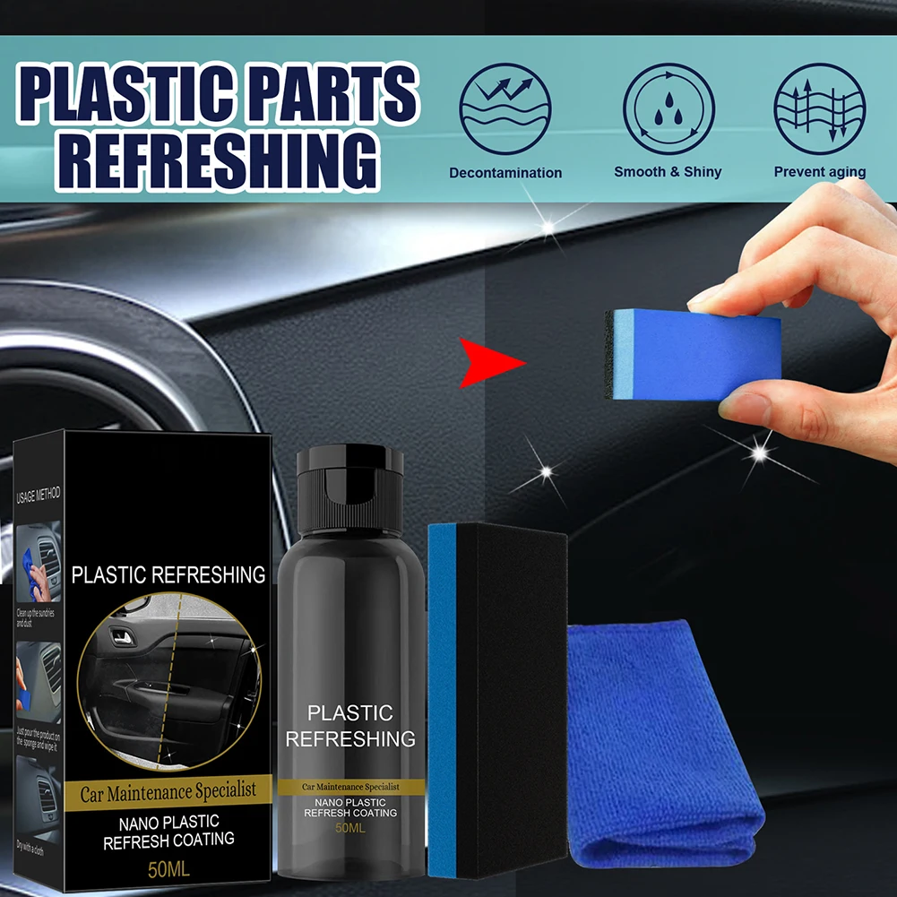 

30ml/50ml Car Plastic Part Refurbish Agent Interior Maintenance Cleaner Dashboard Steering Wheel Plastic Restorer with Sponge
