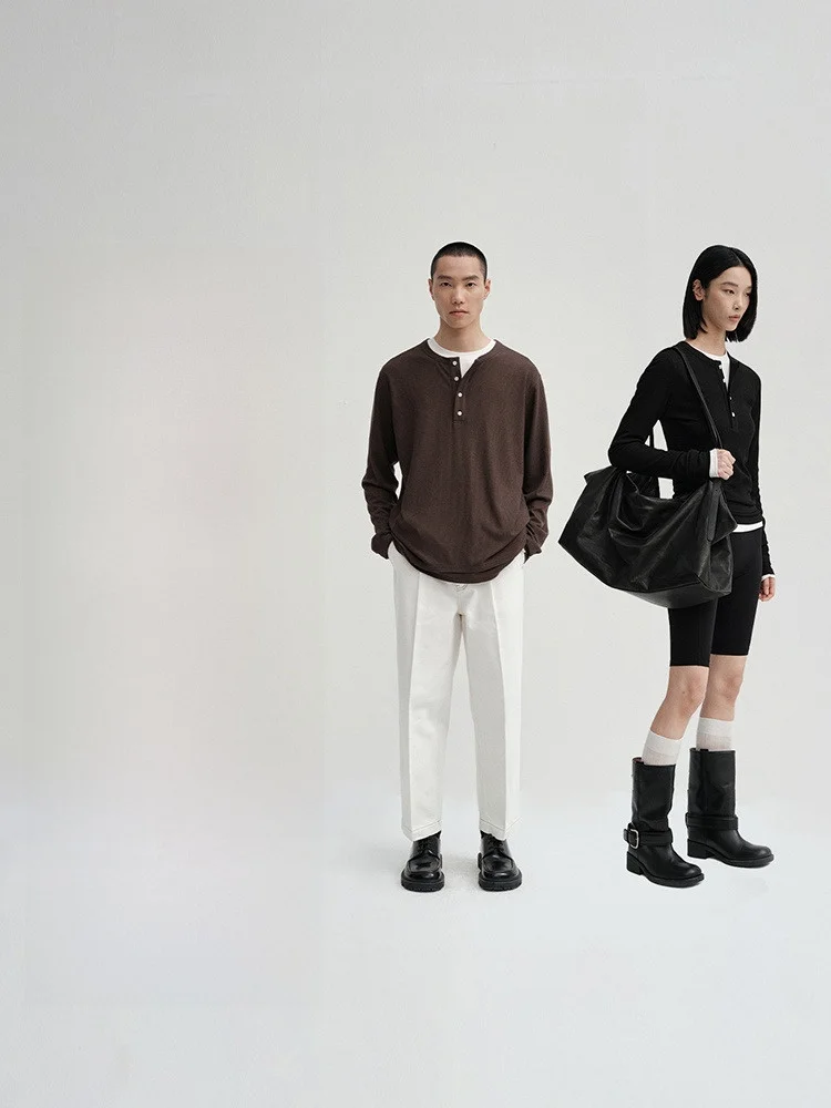 Nans Acetate Lyocell Fiber Blended Henry Collar Fake Two-Piece Men and Women Long-sleeve T-shirt