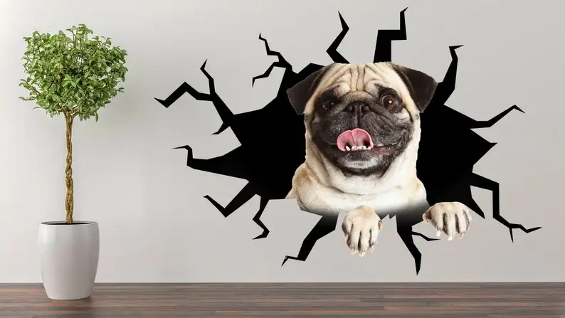 

Pug Dog Sticking Out His Tongue Wall Decal Art Decor 3D Smashed Sticker Poster Room Mural A-360