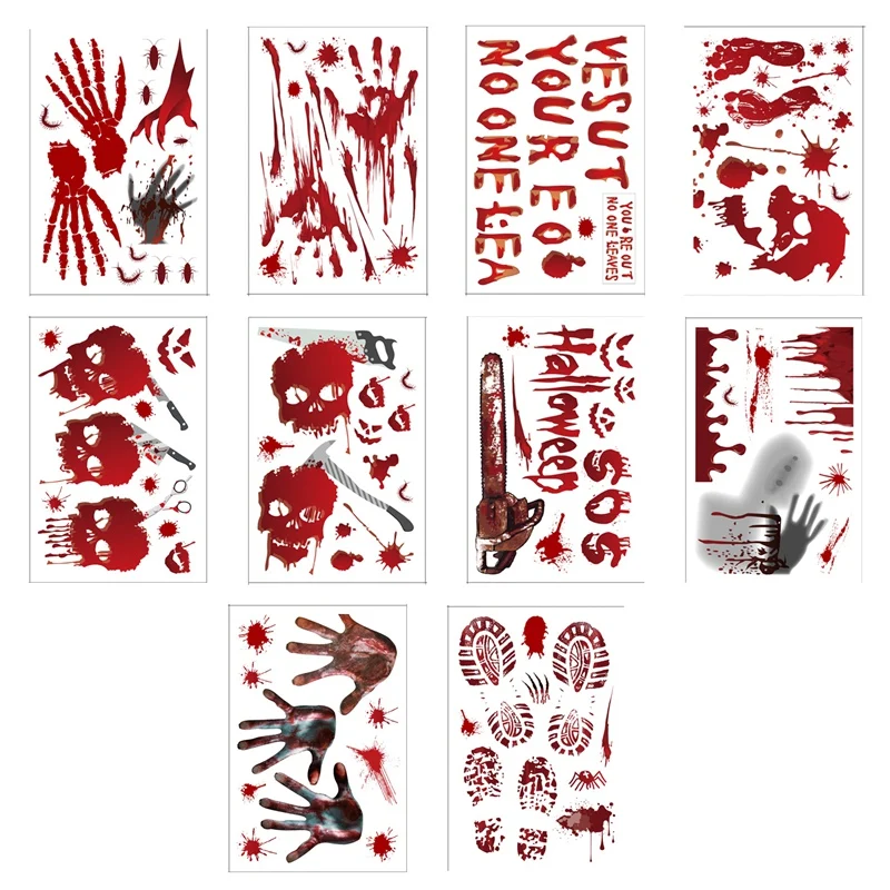 

10 Models Bloody Halloween Decorations Window Stickers Horror Decals Bloody Handprint For Halloween Party Decorations