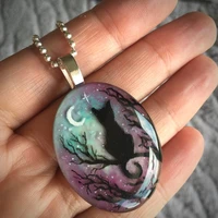 cute fairy starry night cat resin pendant chain necklace for women original unique gift charm art jewelry