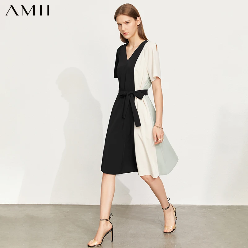 

Amii Minimalism Summer New Temperament Women's Dress Offical Lady Patchwork Vneck Slim Fit Backless Women's Dress 12130039