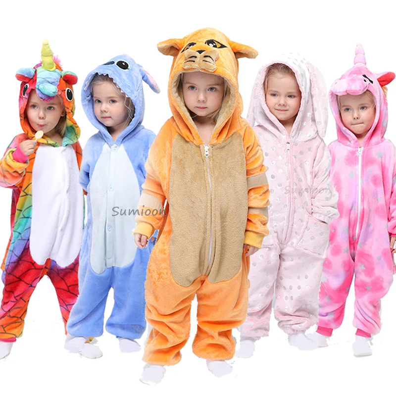 

Детская зимняя цельная Милая пижама в виде единорога со стежками Детские кигуруми в виде животных комбинезоны для мальчиков и девочек пижа...