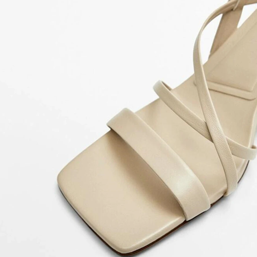 Dave&Di  French Fashion Ladies  Leather High-Heeled Commuter Sandals Beige Simple Casual Sandals Women  Summer