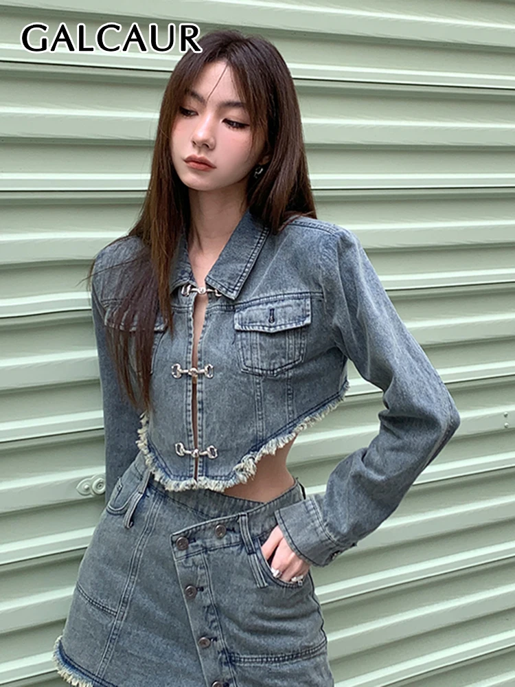 

GALCAUR Blue Denim Coats Female Lapel Long Sleeve Single Breasted Spliced Irregular Hem Loose Short Coat For Women Spring Style