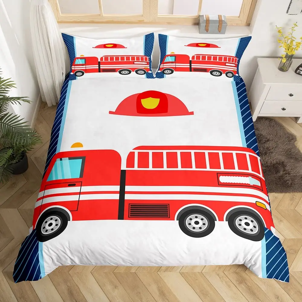 

Fire Truck Duvet Cover Set Fire Engine Pattern for Boys Tire Printing Quilt Cover Twin Size Red Firemen Car Vehicle Bedding Set
