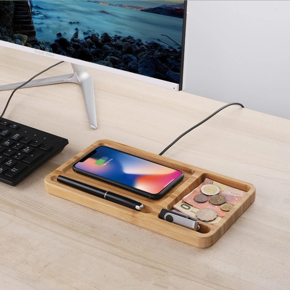

Bamboo 10W Wireless Chargers Desktop Tray Storage for Iphone 11 12 13 Xiaomi Huawei Samsung Chargers Carbonized Wooden Charging