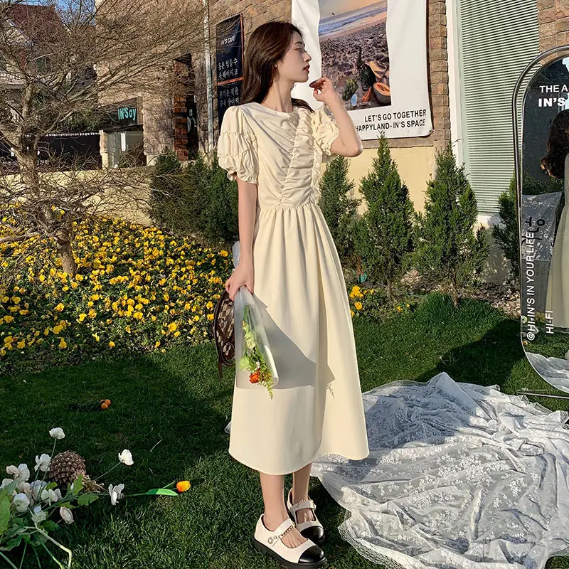 

2022 Women Summer Korean Chic O-neck Loose Dress Female Short Sleeve A-line Dresses Ladies New Solid Color Long Vestidos U86