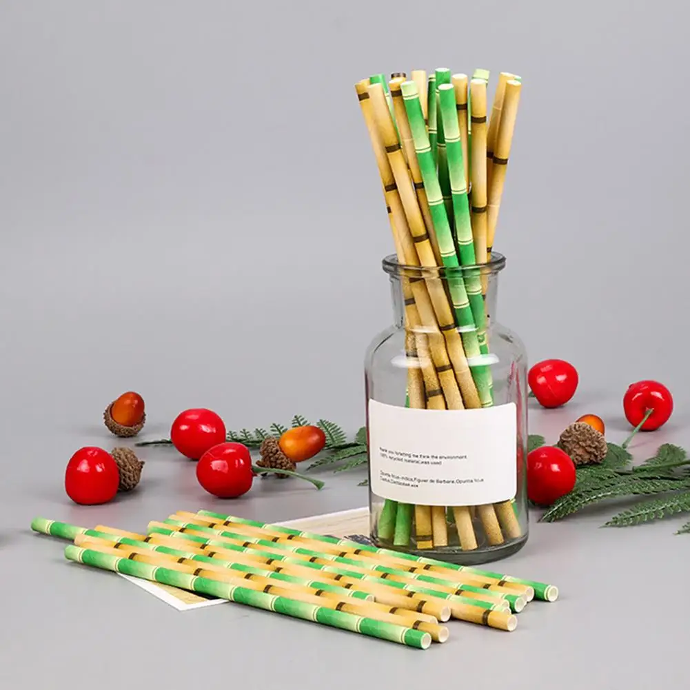 

50Pcs Paper Straw Flat Mouth Bright Color Bamboo Pattern Eco-friendly Drinking Long Tropical Party Beverage Straw for Club