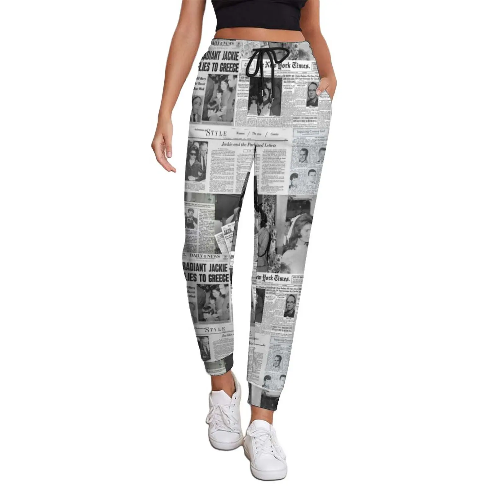 

Newspaper Collage Baggy Pants Woman Jackie Kennedy Hippie Sweatpants Spring Classic Graphic Trousers Big Size 2XL