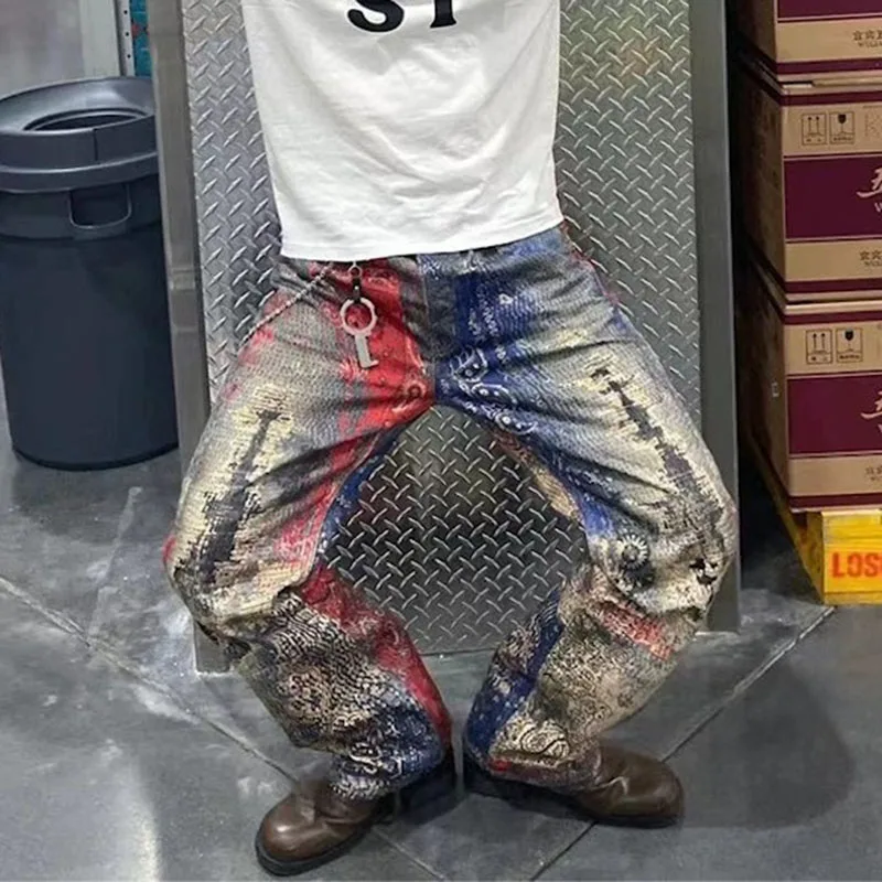 Винтажные потертые мешковатые рваные красные лоскутные джинсы для мужчин