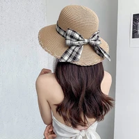 plaid bow straw sun hat for women wide brim bucket hat fashion ladies casual visor hat summer sun protection cap beach girls cap