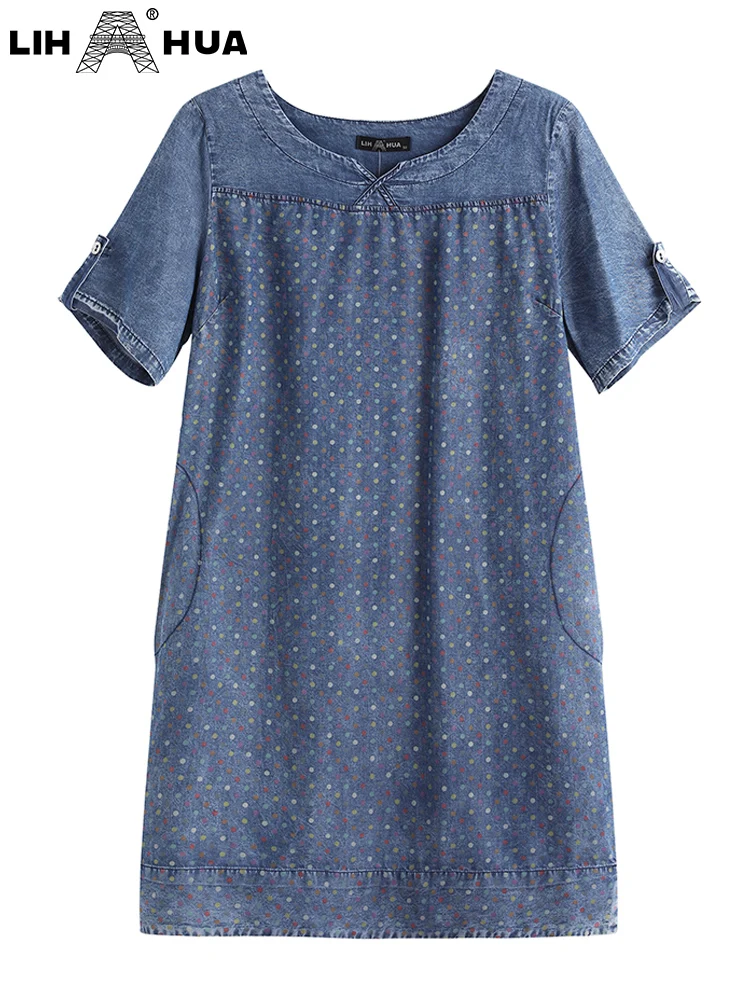 LIH HUA Women's Plus Size Denim Dress Autumn Chic Elegant Dresses For Chubby Women Cotton Woven Dress
